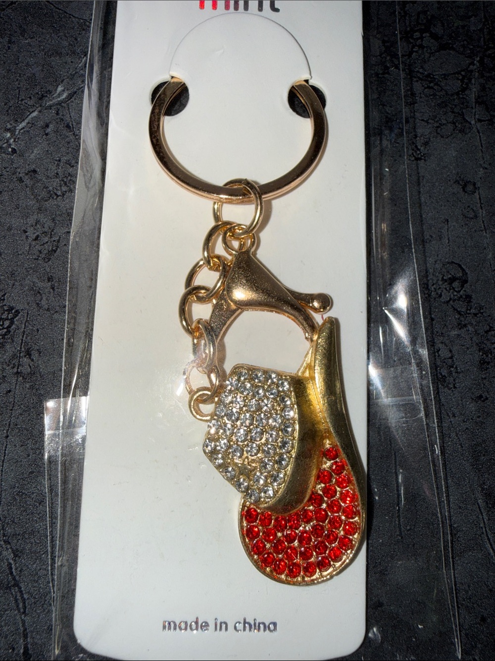 Gold Keyring Charm with Red and Clear Crystal Flip-Flop Accent